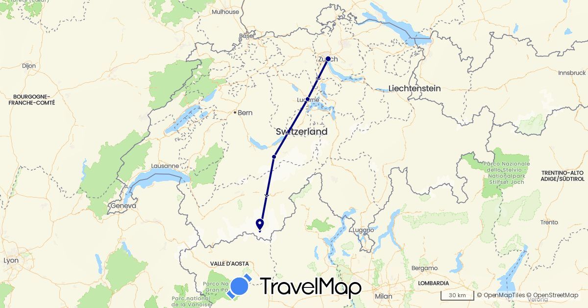 TravelMap itinerary: driving in Switzerland (Europe)